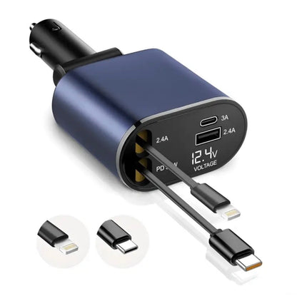 4 in 1 Car Charger | 120W | Multi Charging Cable, USB Fast Charging Adapter for Android & iPhone